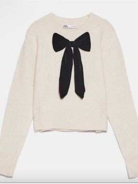 Zara Black Velvet Bow Cropped Sweater Cream Size Small